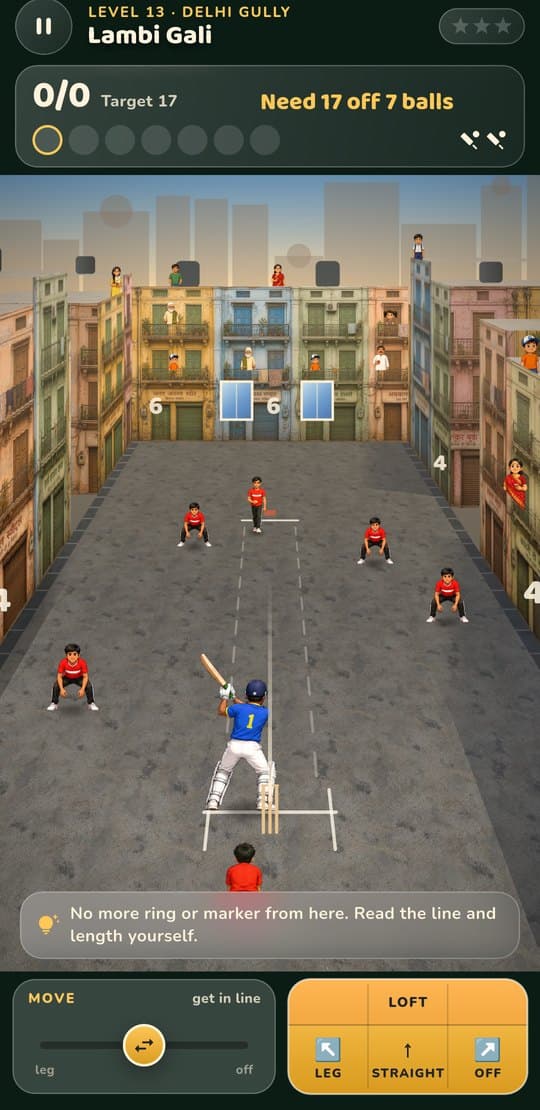 Delhi Gully: the batter lifts the bat as the fast bowler leaps into his delivery, fielders crouched ready, neighbours on the balconies