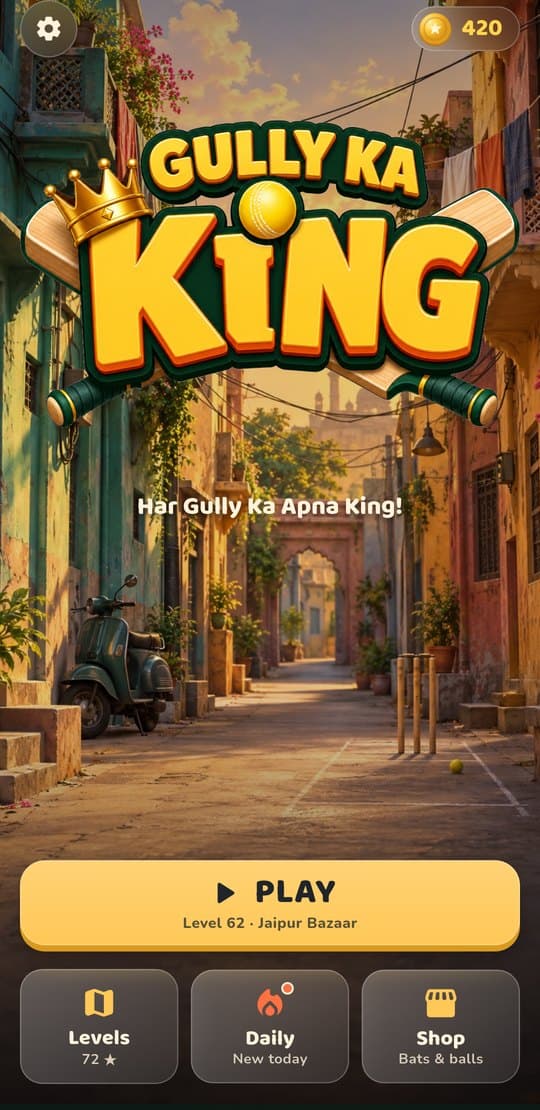 The Gully Ka King home screen: the logo over a painted gully at sunset, with Play, Levels, Daily and Shop buttons