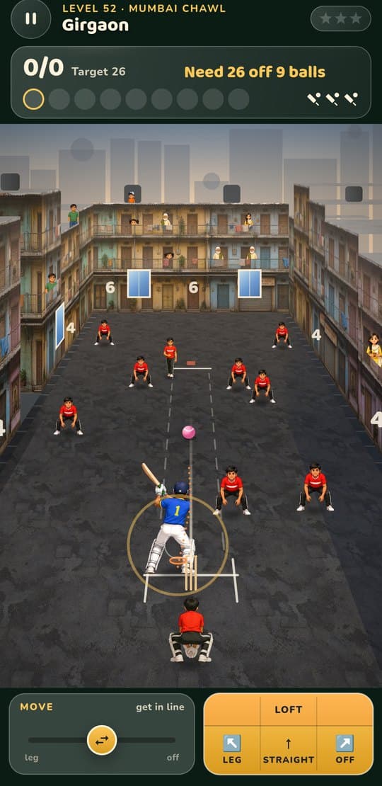 Mumbai Chawl: a pink ball arrives inside the shrinking timing ring while the batter waits in his backlift and the whole field crouches